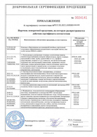 Сертификат соответствия: Комплекс оборудования для помещений лечебных учреждений, отнесенных нормативными документами к категории чистых или особо чистых КЧП-01-«АМС». № РОСС RU.Я2331.04ПВК0.H01299 от 30.05.2023 по 29.05.2026. Приложение №0024141