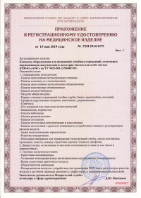 Приложение Лист 1. Комплекс оборудования для помещений лечебных учреждений, отнесенных нормативными документами к категории чистых или особо чистых, КЧП-01-«АМС». № РЗН 2014/1475 от 13.05.2019 
